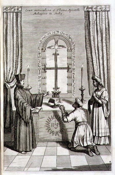 Apostoli Pyhän Tuomaan ihmeristi Meliaporessa Intiassa, Athanasius Kircherin (1601-80) kuvituksesta "Kiina" 1667 (kaiverrus) tekijältä Dutch School