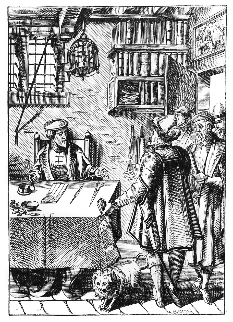 Verojen saaja Joos de Damhouderin (1507-81) Praxis Rerum Civilium -julkaisussa Antwerpenissä vuonna 1557 julkaistun puupiirroksen jälkeen tekijältä Dutch School