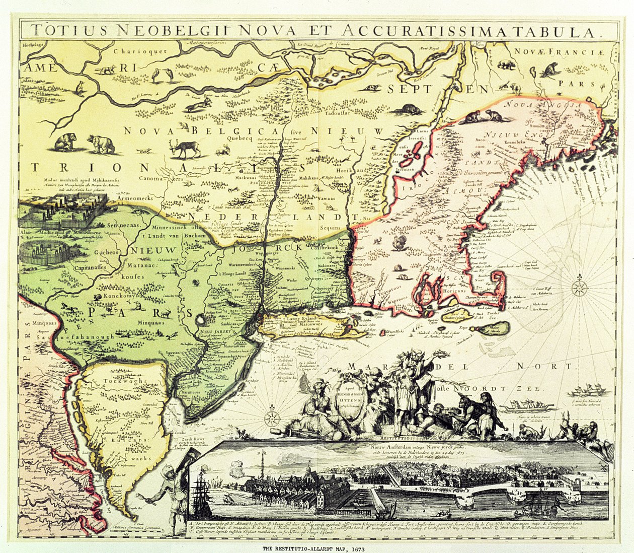 Restitutio-Allardt Uuden Amsterdamin kartta, kaiverrettu ja pubi. kirjoittanut Carolus Allardt, 1673 (kuparikaiverrus) tekijältä Dutch School