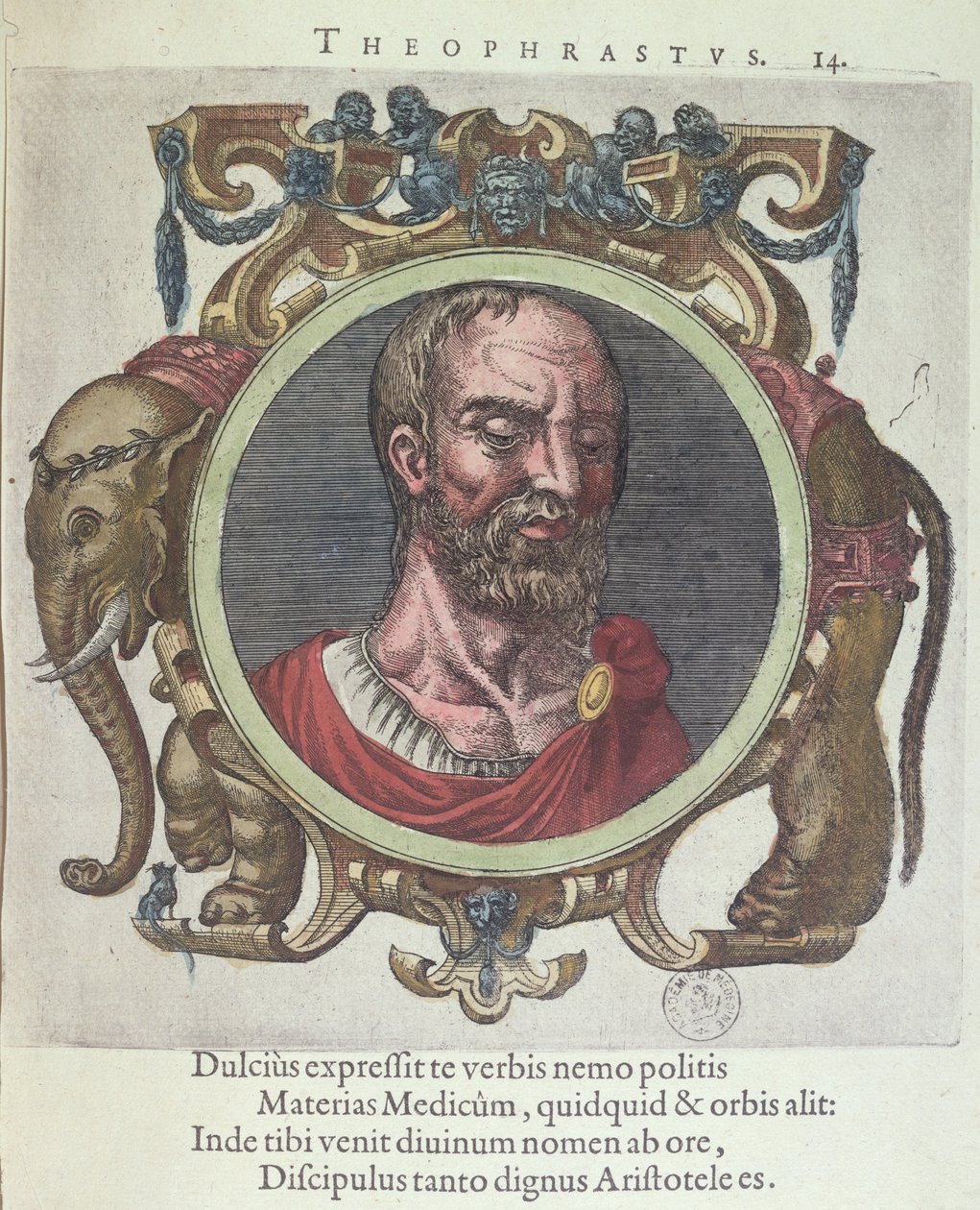 Theophrastus (n. 372-287 eKr.), Johannes Sambucuksen (1531-84) kuvitus artikkelista Vanha ja uusi fysiikka ja filosofit, julkaissut Plantin Leydenissa 1603 (värikaiverrus) tekijältä Dutch School