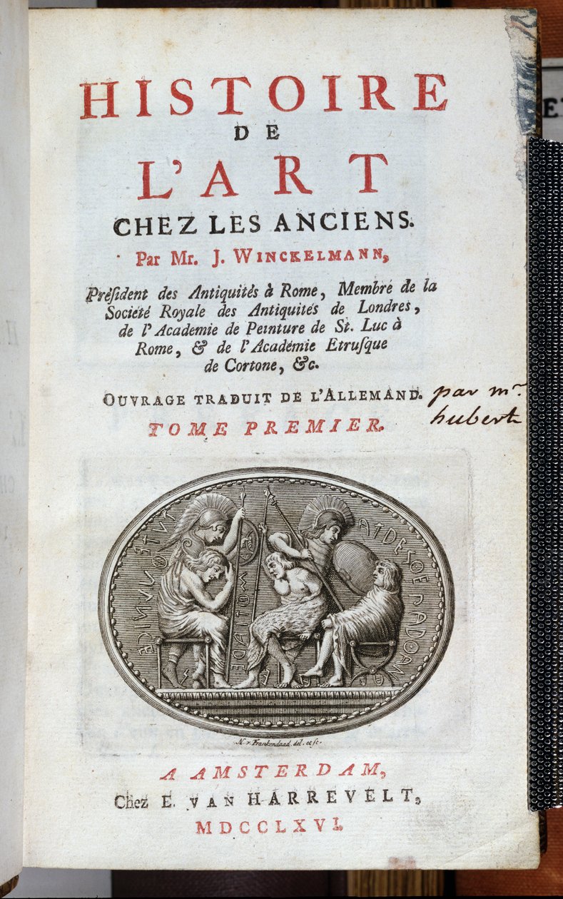 Johann Joachim Winckelmannin (1717-68) teoksen History of Art among the Ancients nimisivu, julkaistu Amsterdam, 1766 tekijältä Dutch School
