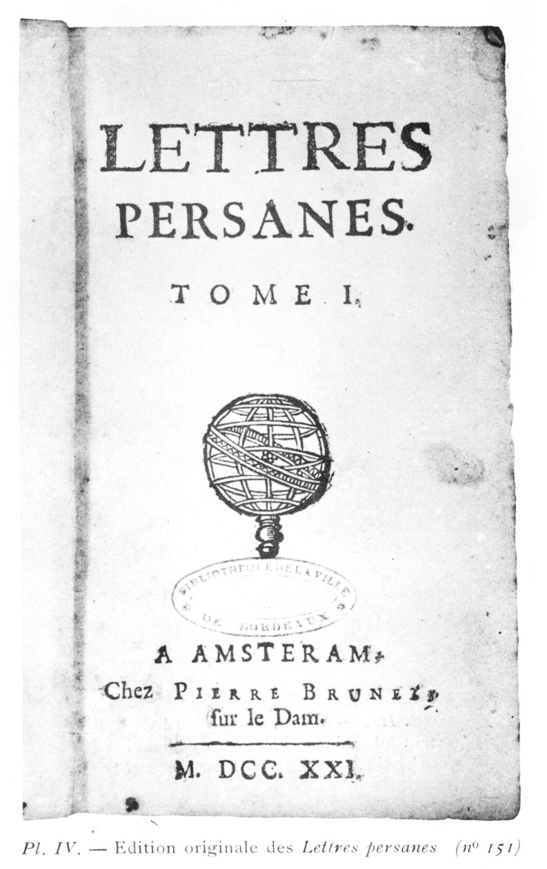 Charles de Montesquieun (1689-1755) Persialaisten kirjeiden otsikkosivu 1721 tekijältä Dutch School