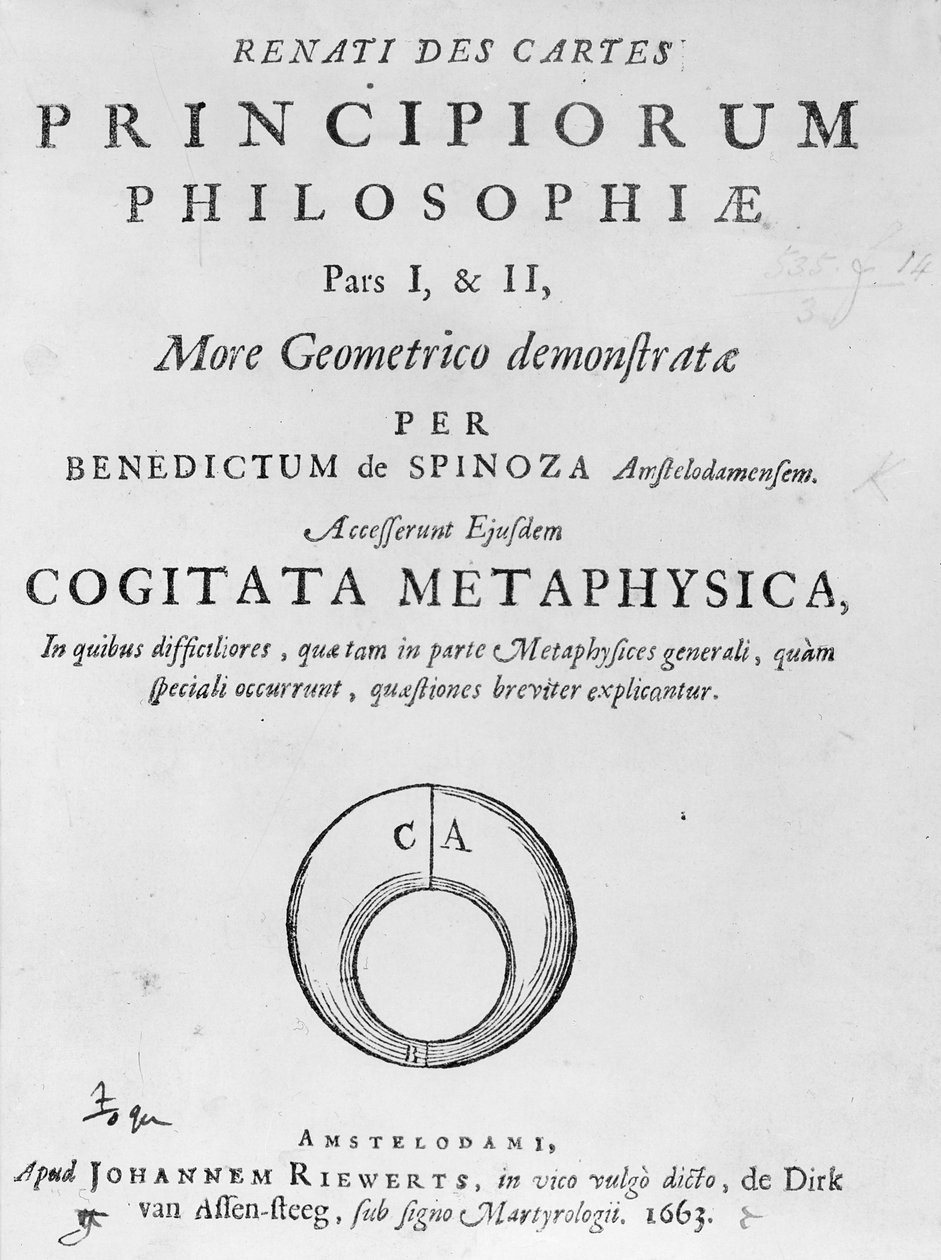 Baruch Spinozan René Descartesin filosofisten periaatteiden otsikkosivu, julkaistu vuonna 1663 tekijältä Dutch School
