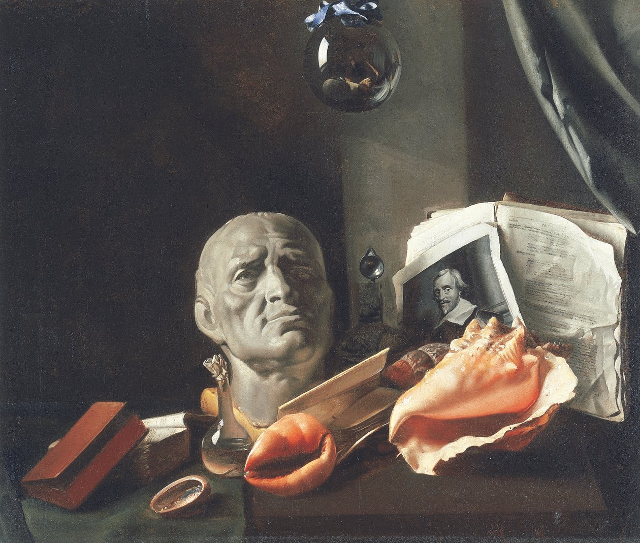 Vanitas asetelma rintakuvalla, simpukankuoria, kirjoja ja lasipulloja (öljy kankaalle) tekijältä Dutch School