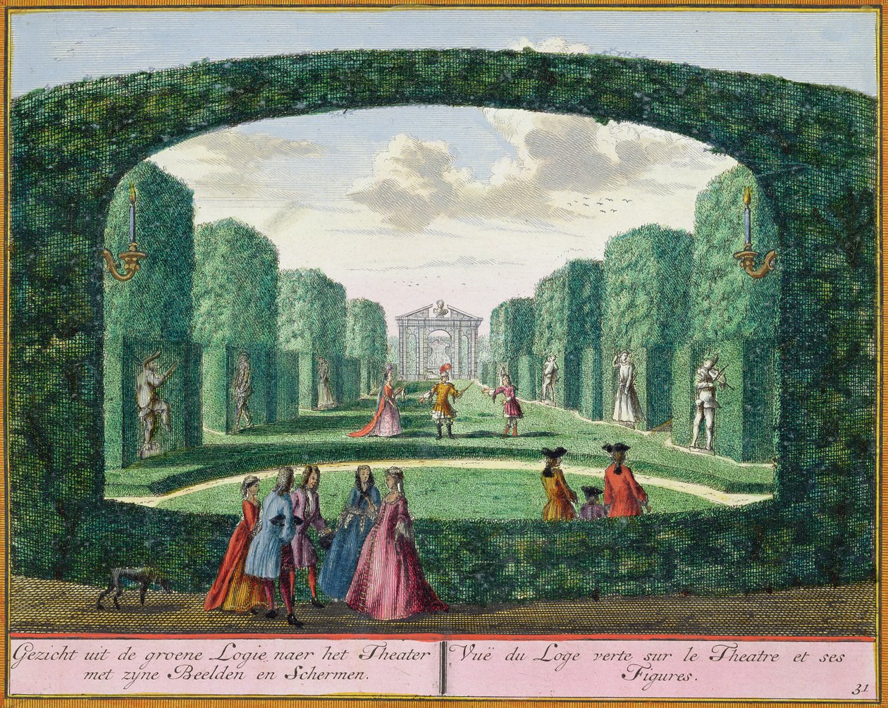 Näkymä vihreältä loggialta teatteriin, Het Zeganplant Kennemerlantista, Hendrick de Leth ja Matthias Brouerius Van Nidek, julkaistu n. 1700-1730 tekijältä Dutch School