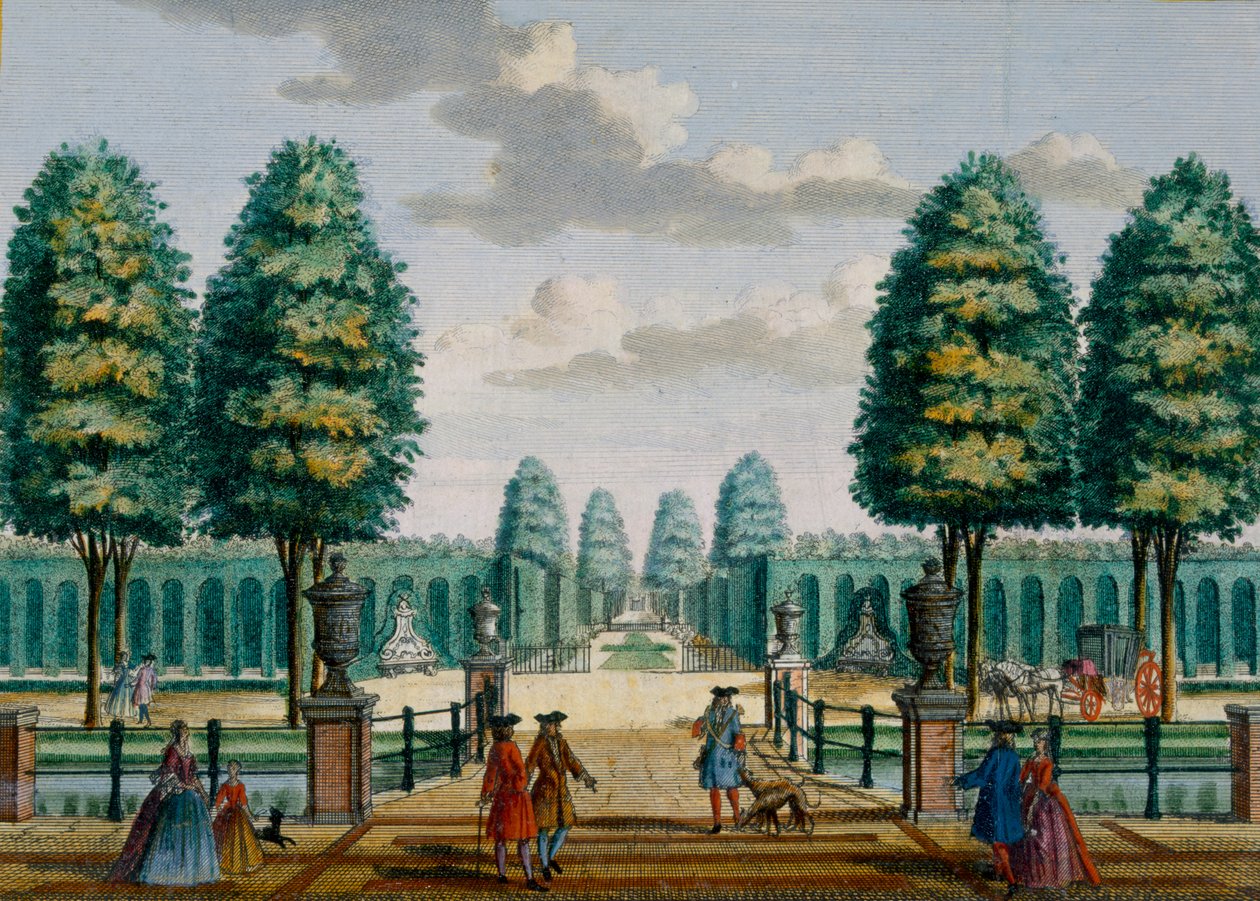 Näkymä talosta kohti etuporttia, Meerestein, Hendrick de Lethin ja Matthias Brouerius Van Nidekin Het Zeganpralent Kennemerlantista, julkaistu n. 1700-1730 tekijältä Dutch School