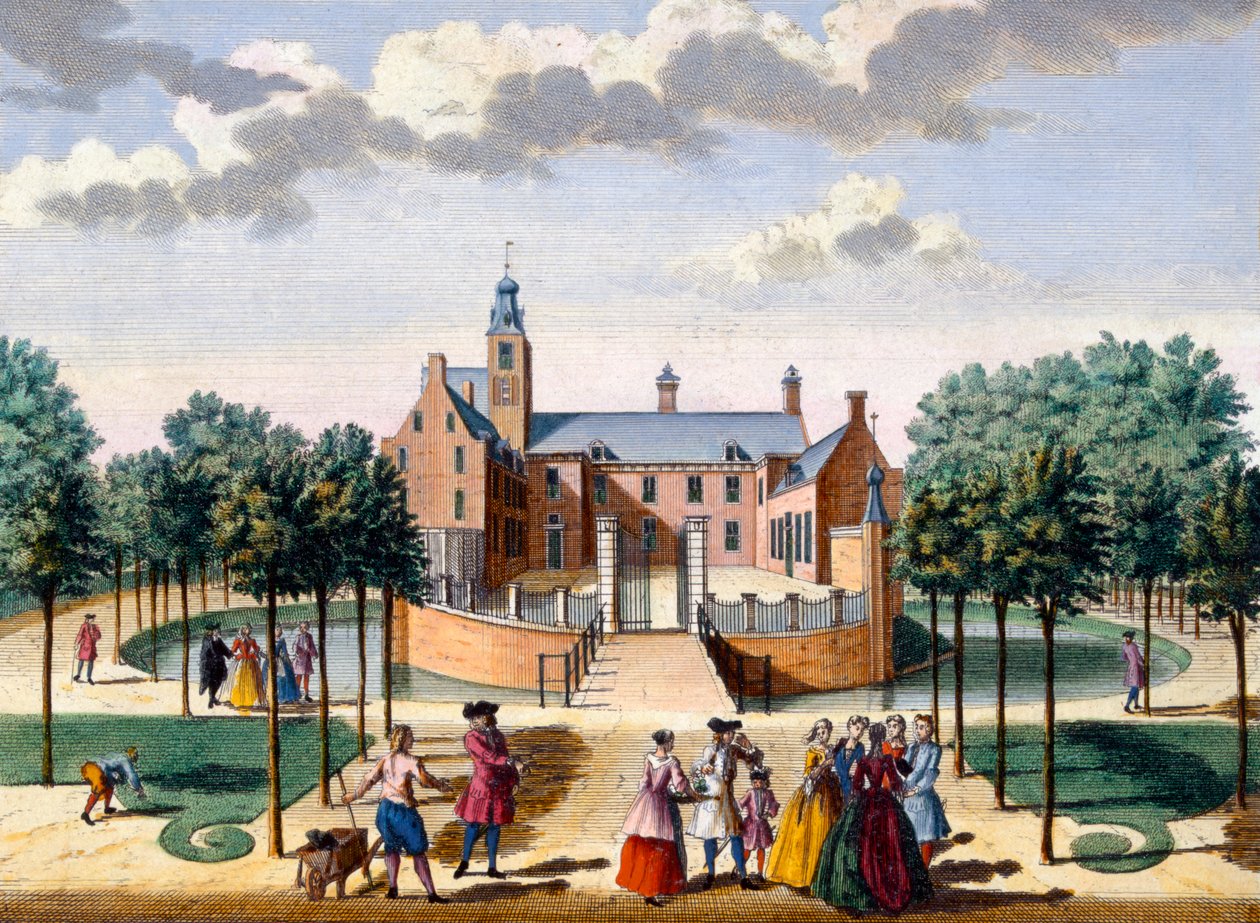 Näkymä Adrichemin talosta, Hendrick de Lethin ja Matthias Brouerius Van Nidekin Het Zeganpralent Kennemerlantista, julkaistu n. 1700-1730 tekijältä Dutch School