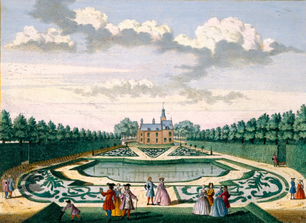 Näkymä Adrichem-talosta, jossa on puutarha ja suuri lampi, Hendrick de Lethin ja Matthias Brouerius Van Nidekin Het Zeganpralent Kennemerlantista, julkaistu n. 1700-1730 tekijältä Dutch School