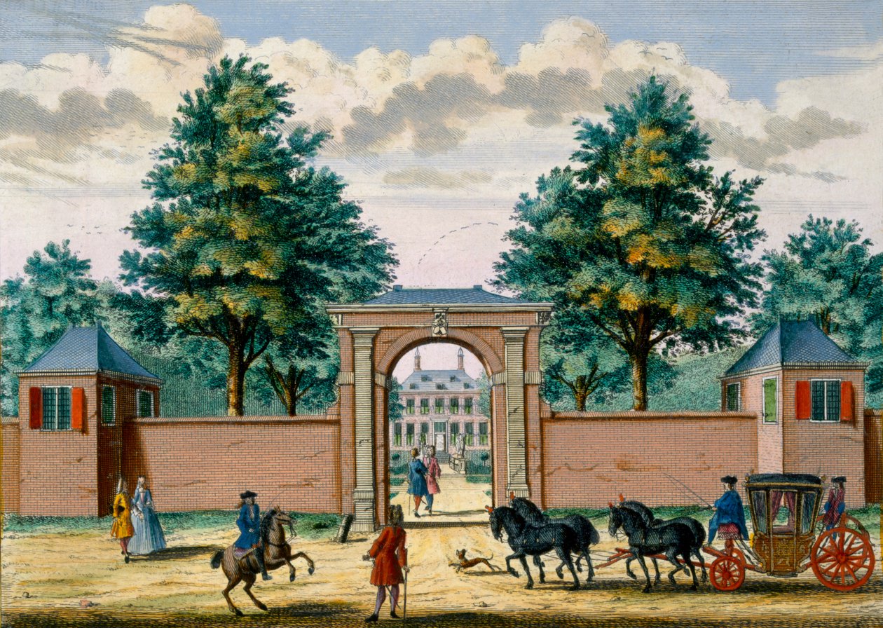 Näkymä Akredam Housesta, Hendrick de Lethin ja Matthias Brouerius Van Nidekin Het Zeganpralent Kennemerlantista, julkaistu n. 1700-1730 tekijältä Dutch School
