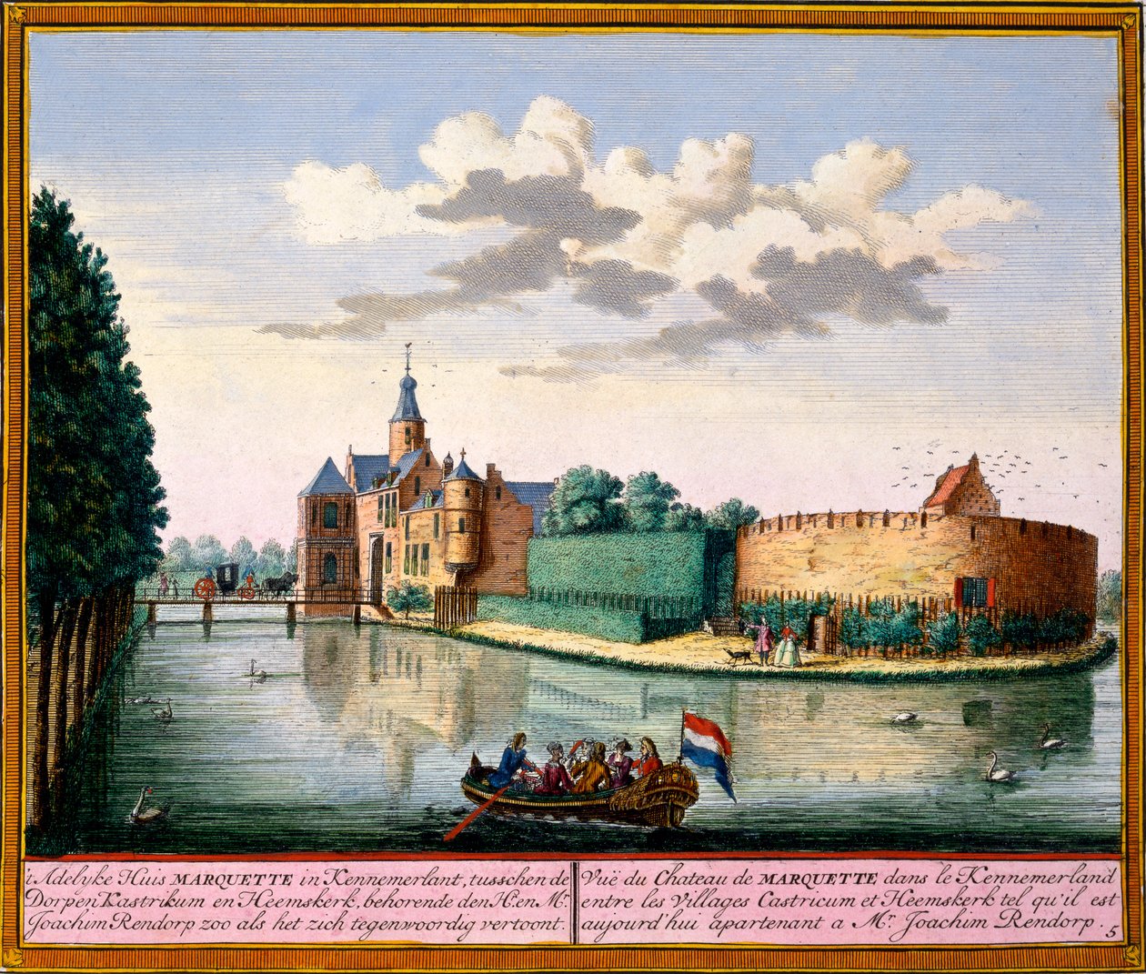 Näkymä Marquette Housesta Kennemerlandissa Hendrick de Lethin ja Matthias Brouerius Van Nidekin Het Zeganpralent Kennemerlantista, julkaistu n. 1700-30 tekijältä Dutch School