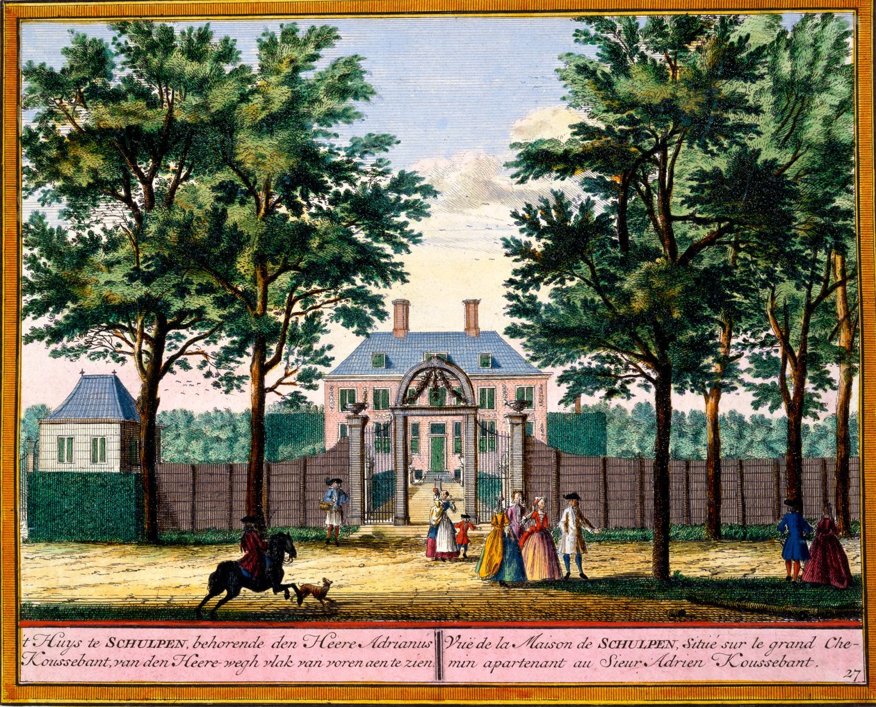 Näkymä Schulpenin talosta, Hendrick de Lethin ja Matthias Brouerius Van Nidekin Het Zeganpralent Kennemerlantista, julkaistu n. 1700-30 tekijältä Dutch School