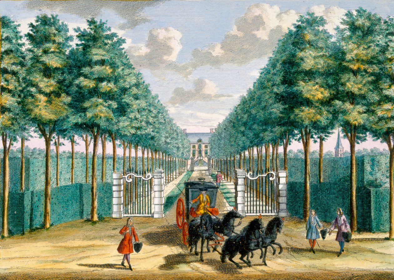 Näkymä Velserbeekin taloon ajotieltä ja sisäänkäynniltä, ​​Hendrick de Lethin ja Matthias Brouerius Van Nidekin Het Zeganpralent Kennemerlantista, julkaistu n. 1700-1730 tekijältä Dutch School