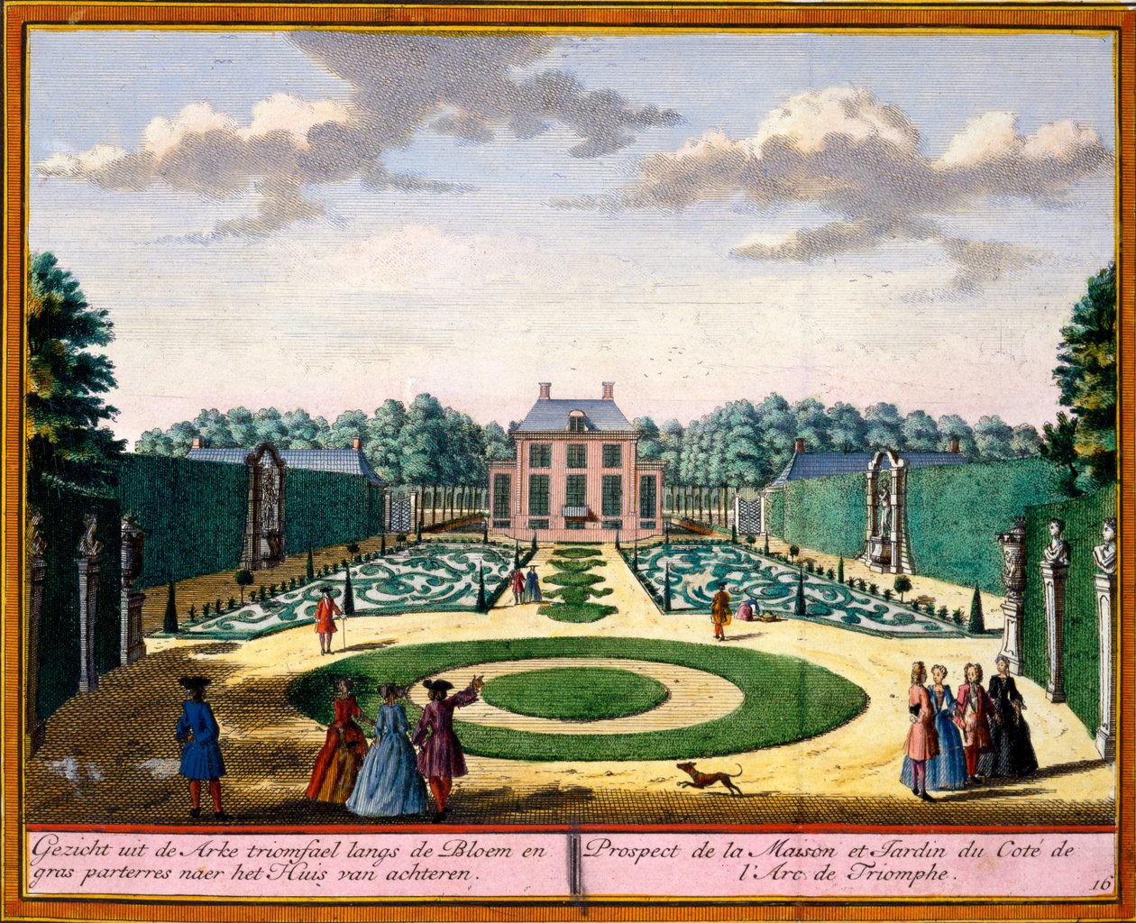 Näkymä talosta ja puutarhasta lähellä riemukaaria, Hendrick de Lethin ja Matthias Brouerius Van Nidekin Het Zeganpralent Kennemerlantista, julkaistu n. 1700-30 tekijältä Dutch School