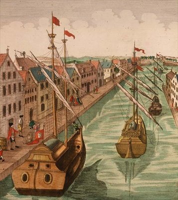 Näkymä Kettle Gatesta Delftissä, yksityiskohta sataman kanavan laivauksesta (kaiverrus) (83371:n yksityiskohta) tekijältä Dutch School