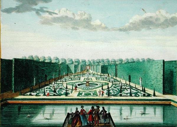 Näkymä amfiteatterista Assumburgin talon takana, Hendrick de Lethin ja Matthias Brouerius Van Nidekin teoksesta "Het Zeganplant Kennemerlant", julkaistu n. 1700-1730 (värillinen kaiverrus) tekijältä Dutch School