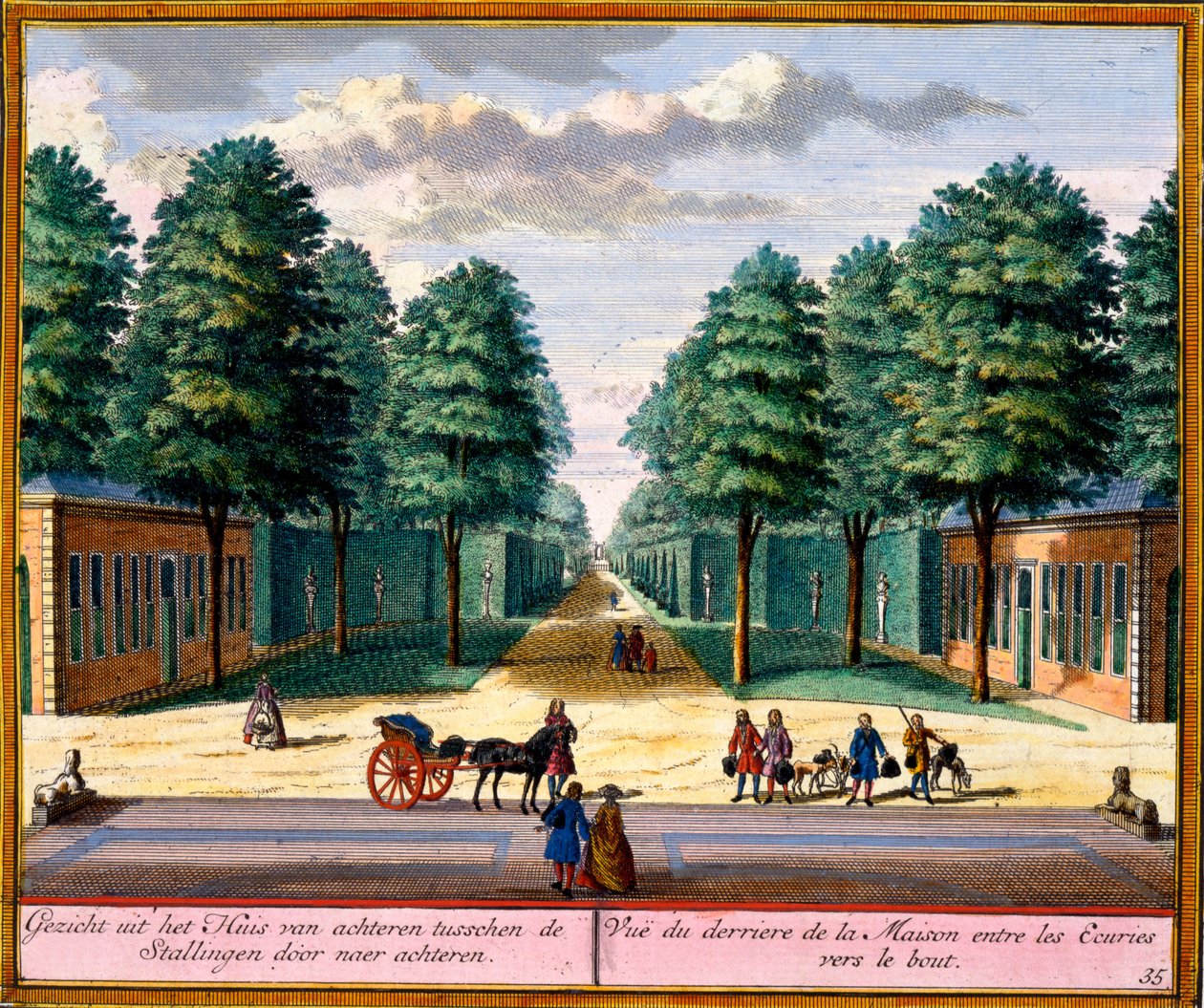 Näkymä tallin välistä talon takaosasta Hendrick de Lethin ja Matthias Brouerius Van Nidekin Het Zeganpralent Kennemerlantista, julkaistu n. 1700-30 tekijältä Dutch School