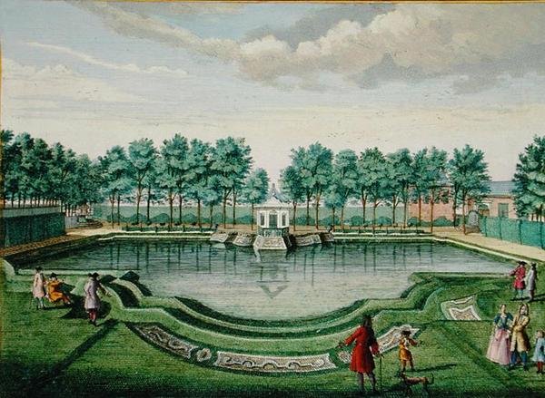 Näkymä suuren järven hirvipuistoon ja paviljonkiin Hendrik de Lethin ja Matthias Brouerius Van Nidekin teoksesta "Her Zeganplant Kennemerland", julkaistu n. 1700-1730 (värillinen kaiverrus) tekijältä Dutch School