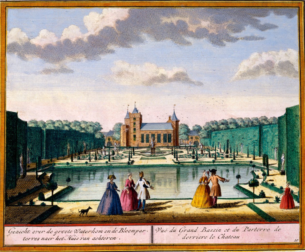 Näkymä suurelle altaalle ja parterrelle talon takaosassa, Hendrik de Lethin ja Matthias Brouerius Van Nidekin Get Zeganpralent Kennemerland -julkaisusta, julkaistu n. 1700-30 tekijältä Dutch School