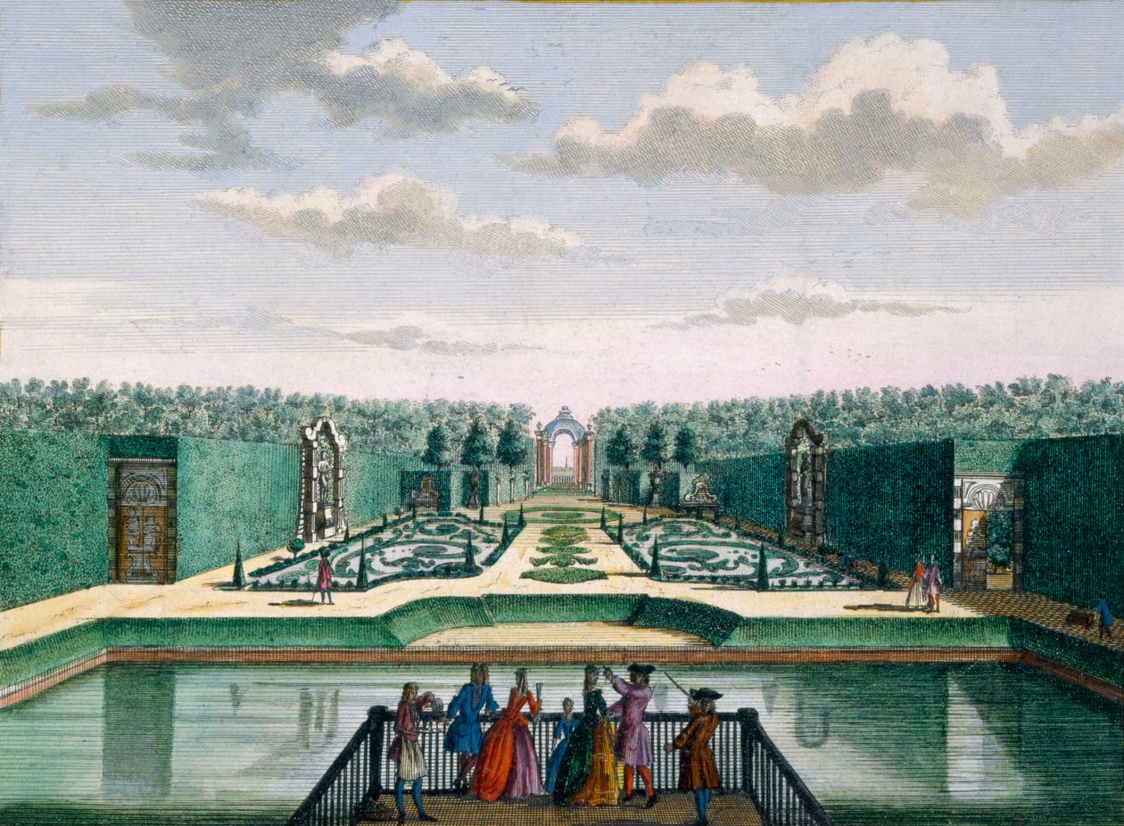 Näkymä parterille ja riemukaarelle, Meerestein, Hendrick de Lethin ja Matthias Brouerius Van Nidekin Het Zeganpralent Kennemerlantista, julkaistu n. 1700-1730 tekijältä Dutch School
