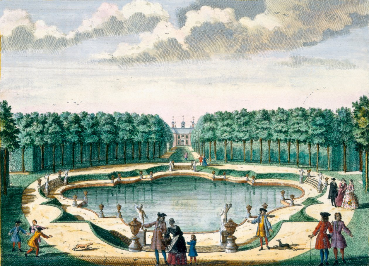 Näkymä lammelle talon takaosaan, Beckenstein, Hendrick de Lethin ja Matthias Brouerius Van Nidekin Het Zeganpralent Kennemerlantista, julkaistu n. 1700-1730 tekijältä Dutch School
