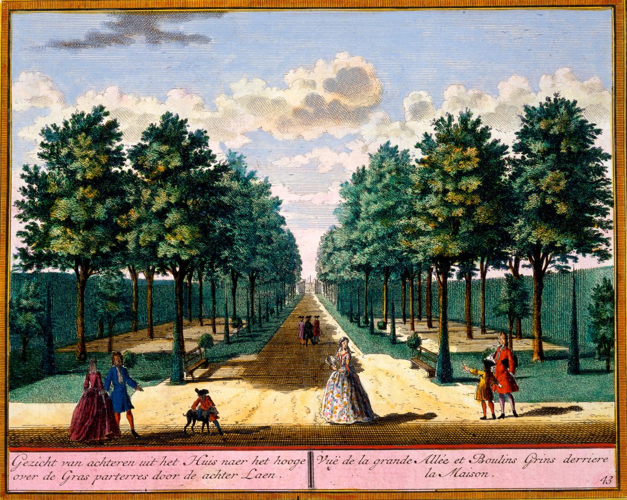 Näkymä talon takaosassa olevalle kävelytielle, Hendrik de Lethin ja Matthias Brouerius Van Nidekin Get Zeganpralent Kennemerland -julkaisusta, julkaistu n. 1700-30 tekijältä Dutch School