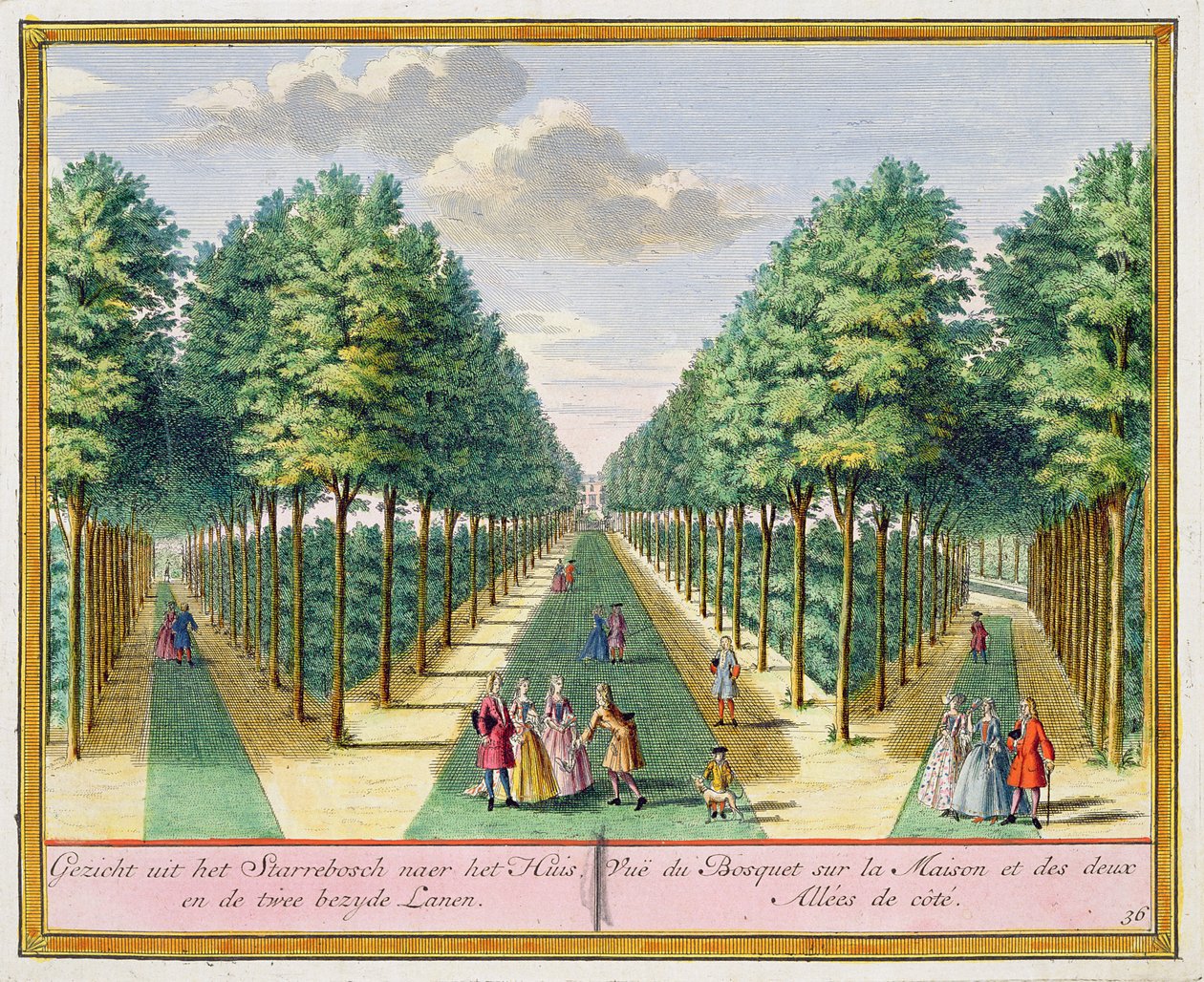 Näkymä puusta taloon ja kahdelle sivukadulle, Watervliet, Het Zegen Pralent Kennemerlandista, Hendrik de Leth ja Matthias Brouerius Van Nidek, julkaistu n. 1700-1730 tekijältä Dutch School