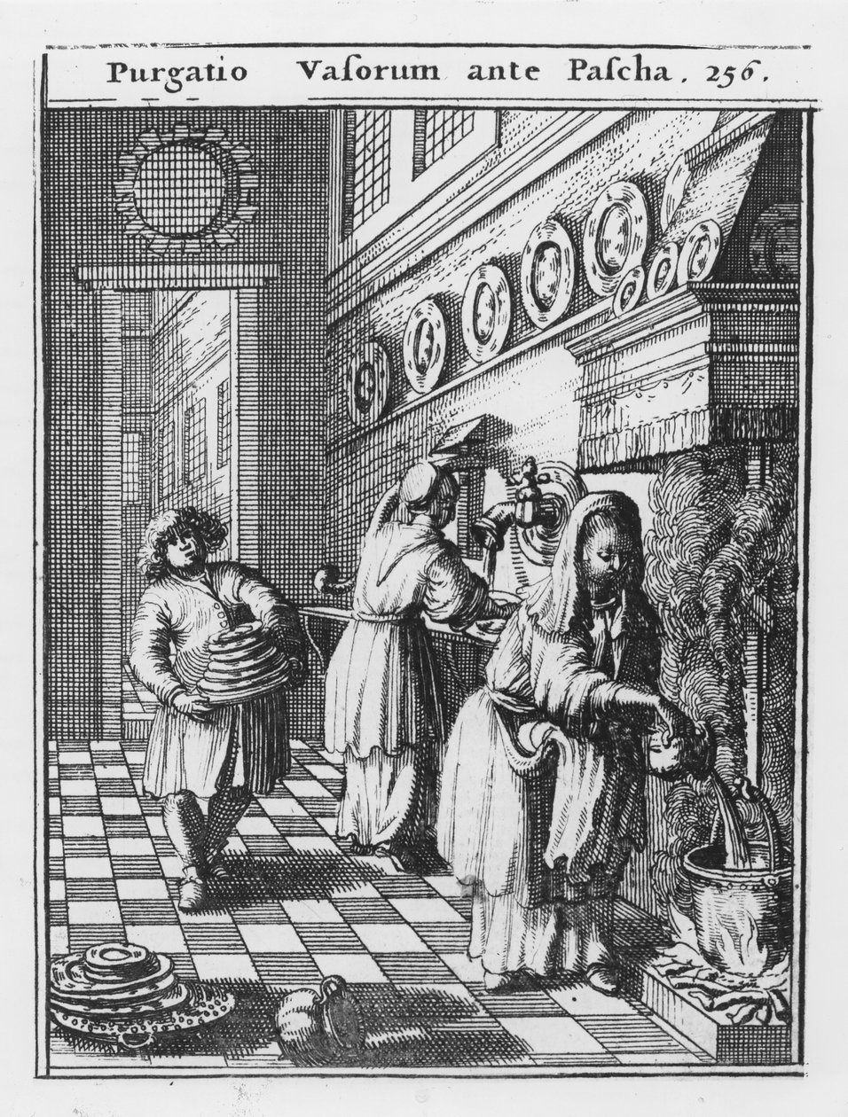 Talousastioiden pesu ennen pääsiäistä (Purgatio Vasorum ante Pascha), kuvitus Johannes Leusdenin teoksesta "Philologus Hebraeo-Mixtus", pub. Utrecht, 1699 (kaiverrus) tekijältä Dutch School