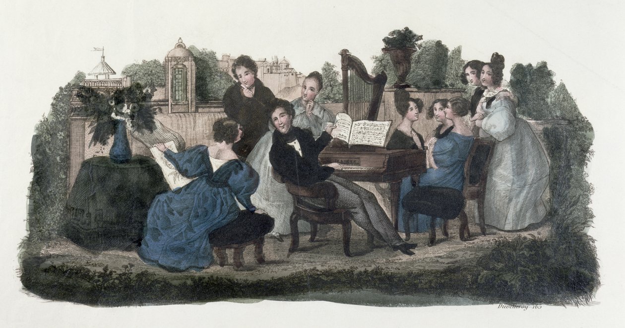 Musikaalinen kokoontuminen puutarhassa, n. 1830 tekijältä Duvelleroy