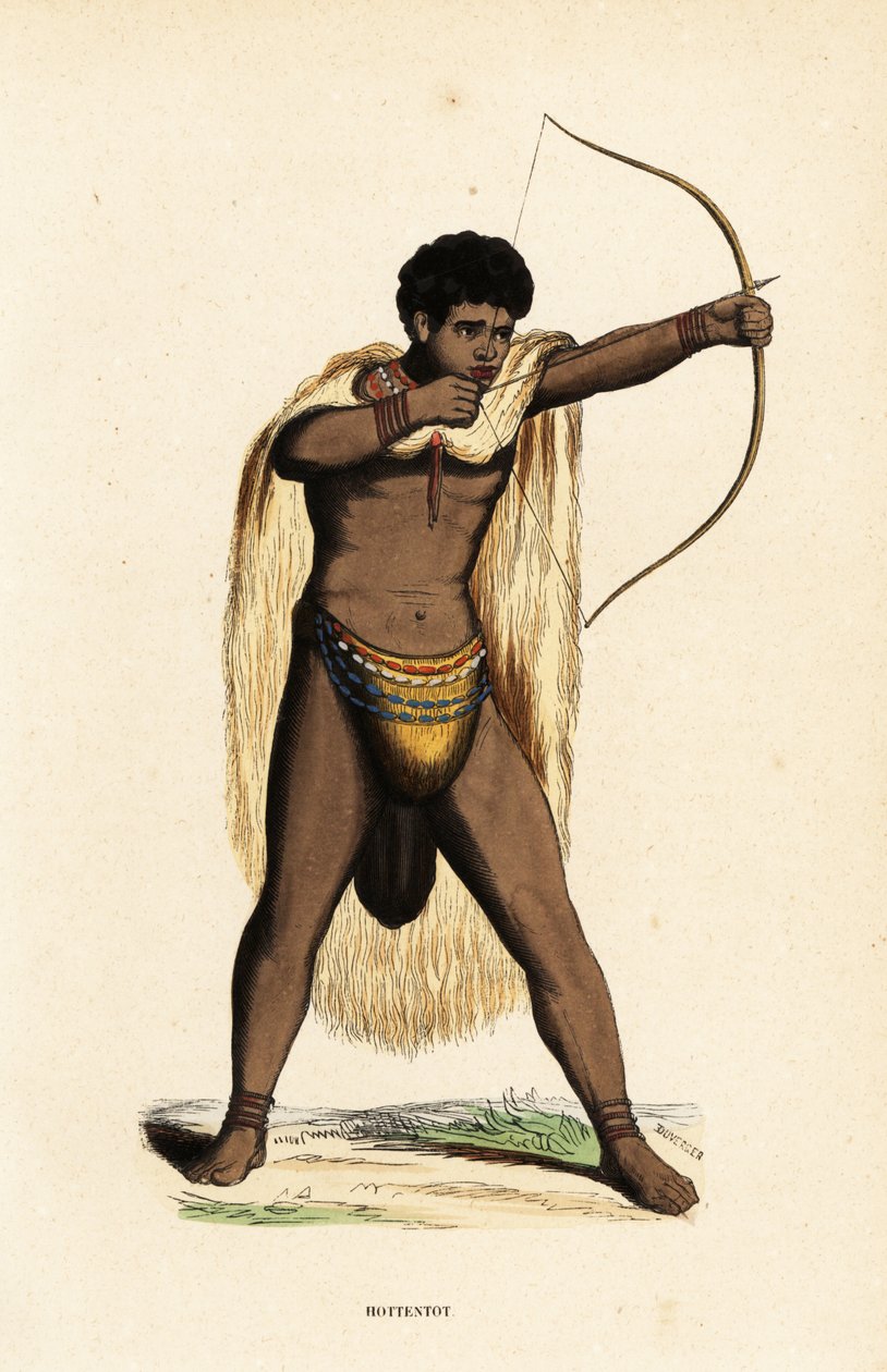 Khoikhoi-mies eläimennahkaviittassa, helminauhassa, jousi ja nuoli tekijältä Duverger Duverger