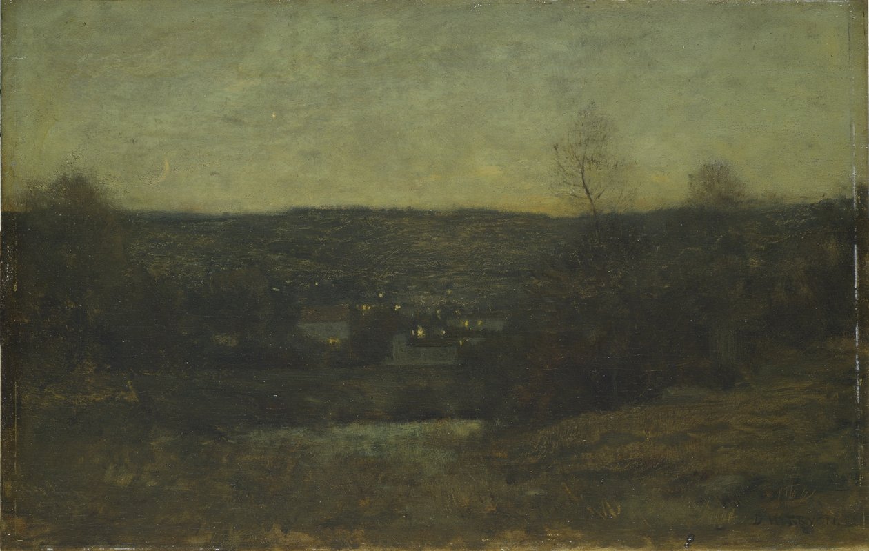 Valaistu kylä, n. 1887 (öljy puulevylle) tekijältä Dwight William Tryon
