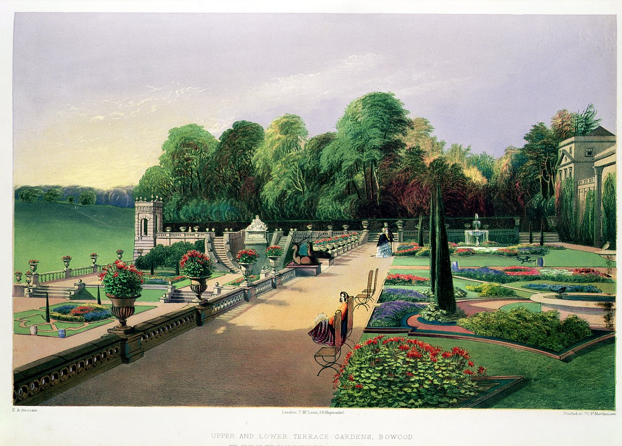 The Upper and Lower Terrace Gardens at Bowood, "Gardens of England", julkaistu 1857 (chromolitho) tekijältä E. Adveno Brooke