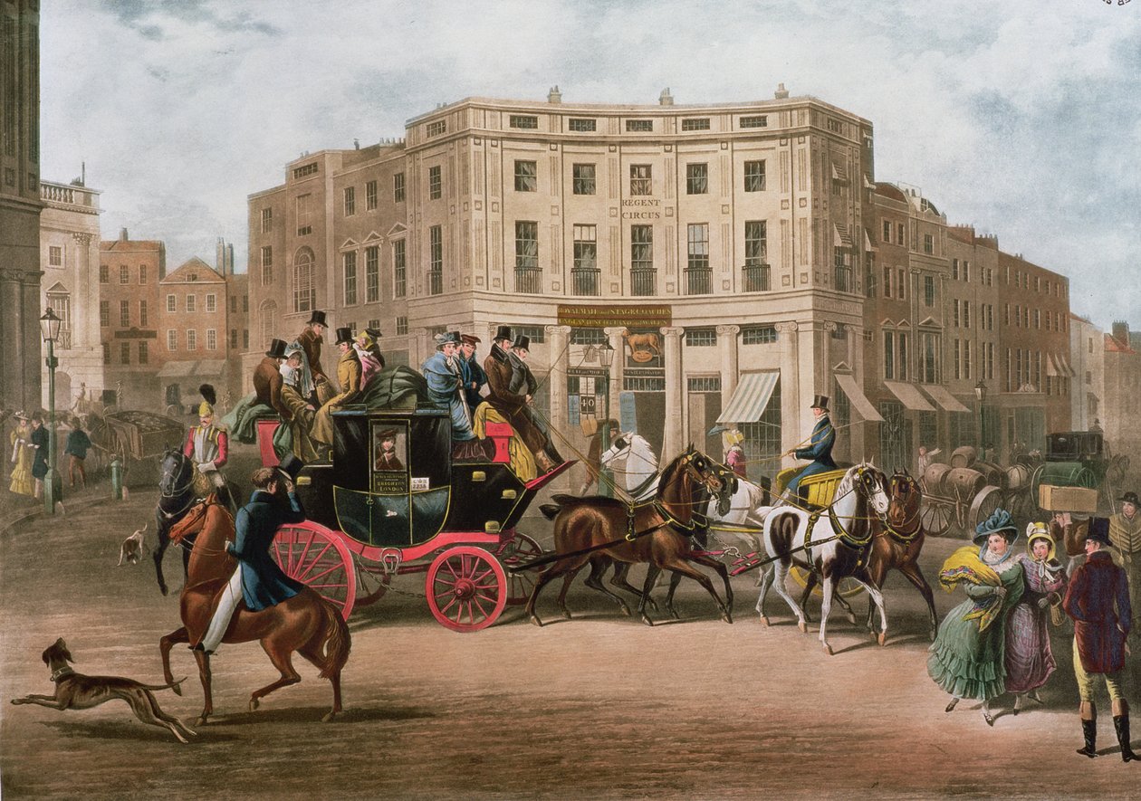 The Age, Brighton Coach at the Bull and Mouth, Regent Circus, Piccadilly, kaiverrus G.V.C. Hunt, 1829 tekijältä E. F. Lambert