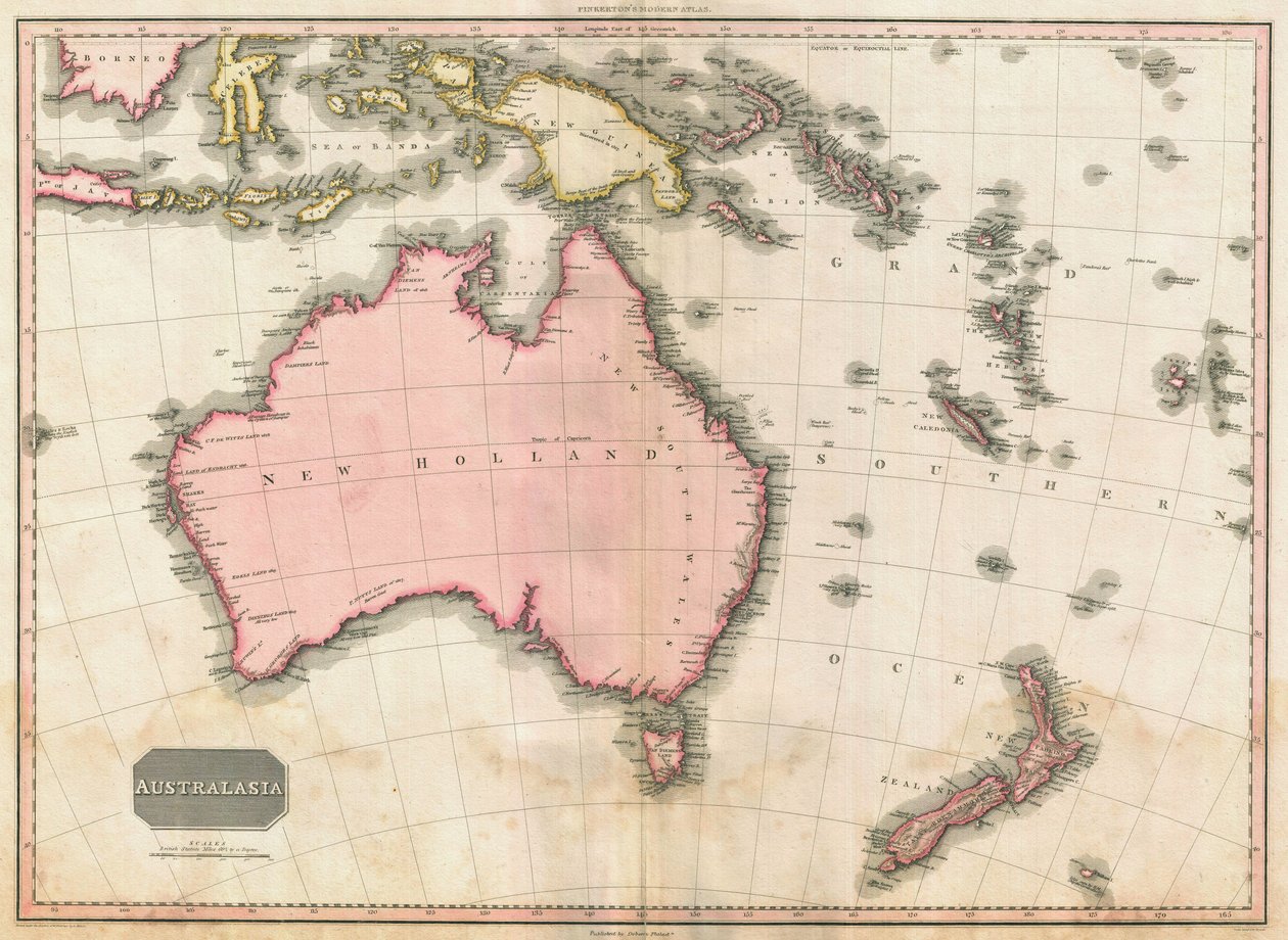 John Pinkertonin kartta Australiasta ja Lounais-Tyynenmerestä, 1818 (värikaiverrus) tekijältä E. J. Pinkerton