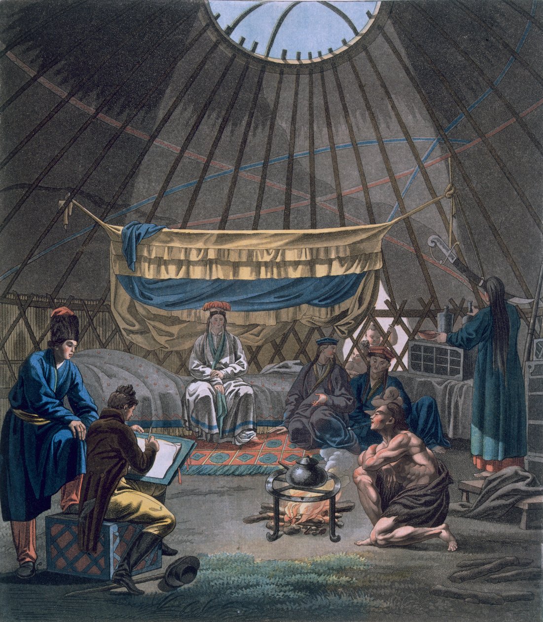 Kalmyk-jurtan sisustus, 1812-13 tekijältä E. Karnejeff
