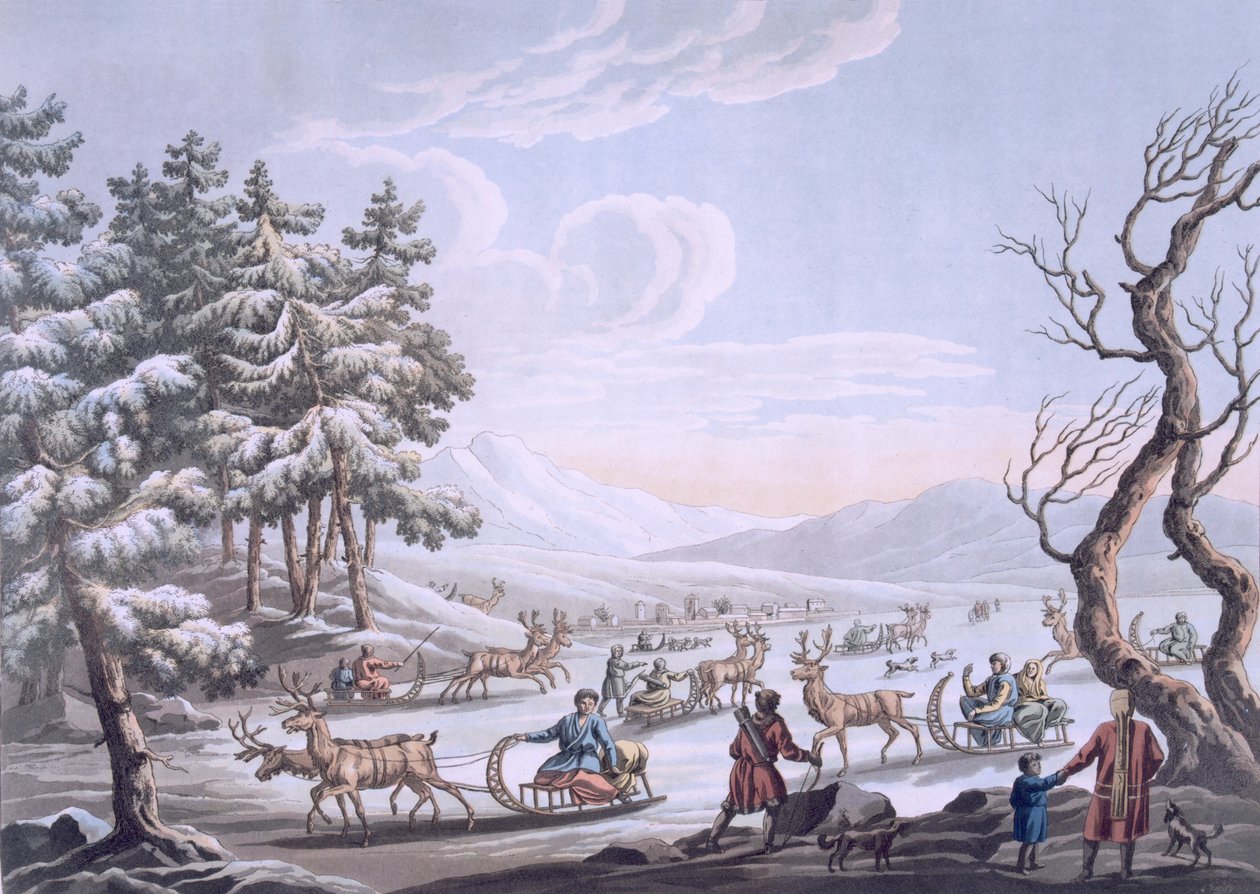 Tungusin alkuasukkaat lähdössä talvileiriltä, 1812-13 tekijältä E. Karnejeff