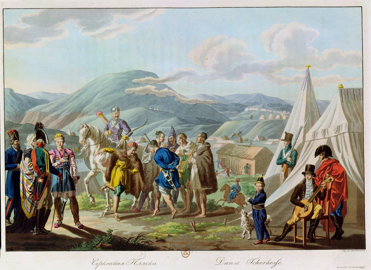 Tšerkessien tanssi, Scotnikovin kaiverrus, 1813 (akvatintti). tekijältä E. Korneyev