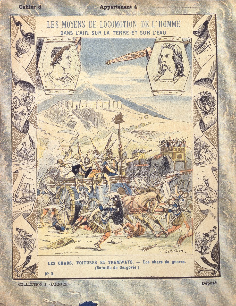 Gallialaiset sotavaunut Gergovian taistelussa koulukirjojen suojaholkista, 1800-luvun loppu tekijältä E. Letellier