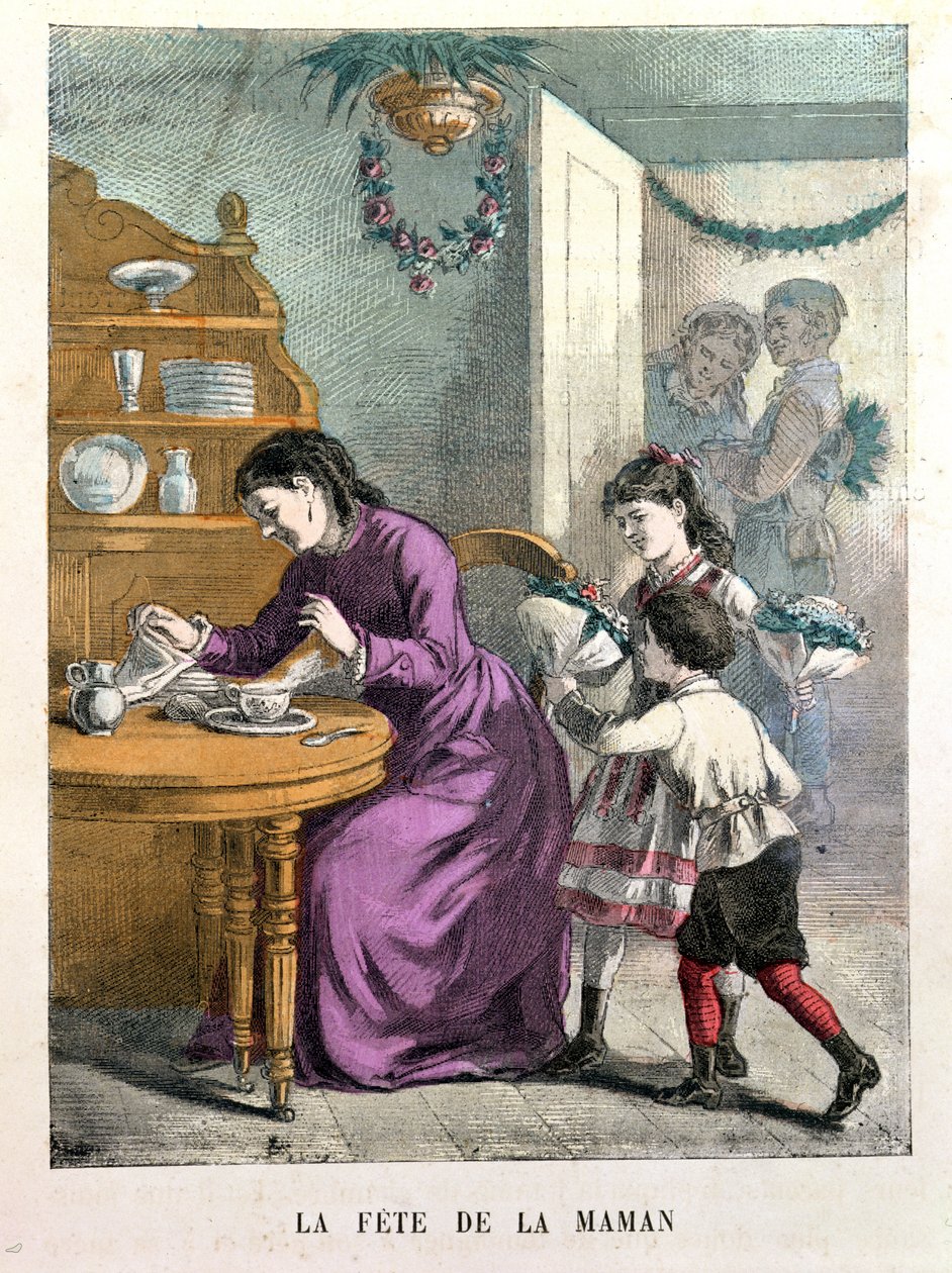 La Fete de la Maman, kuvitus teoksesta Beaux Jours et Fetes des Petits Enfants, kirjoittanut A. des Tilleuls, 1800-luvun loppupuoli. tekijältä E. Morel