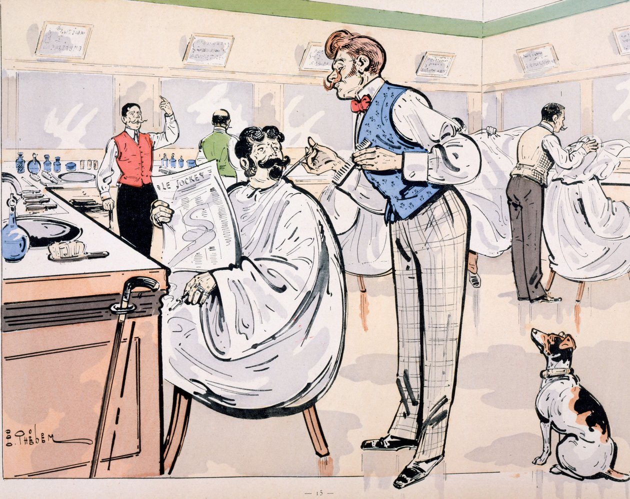 Parturilla ja lukemassa "Le Jockeya", n. 1905 tekijältä E. Thelem