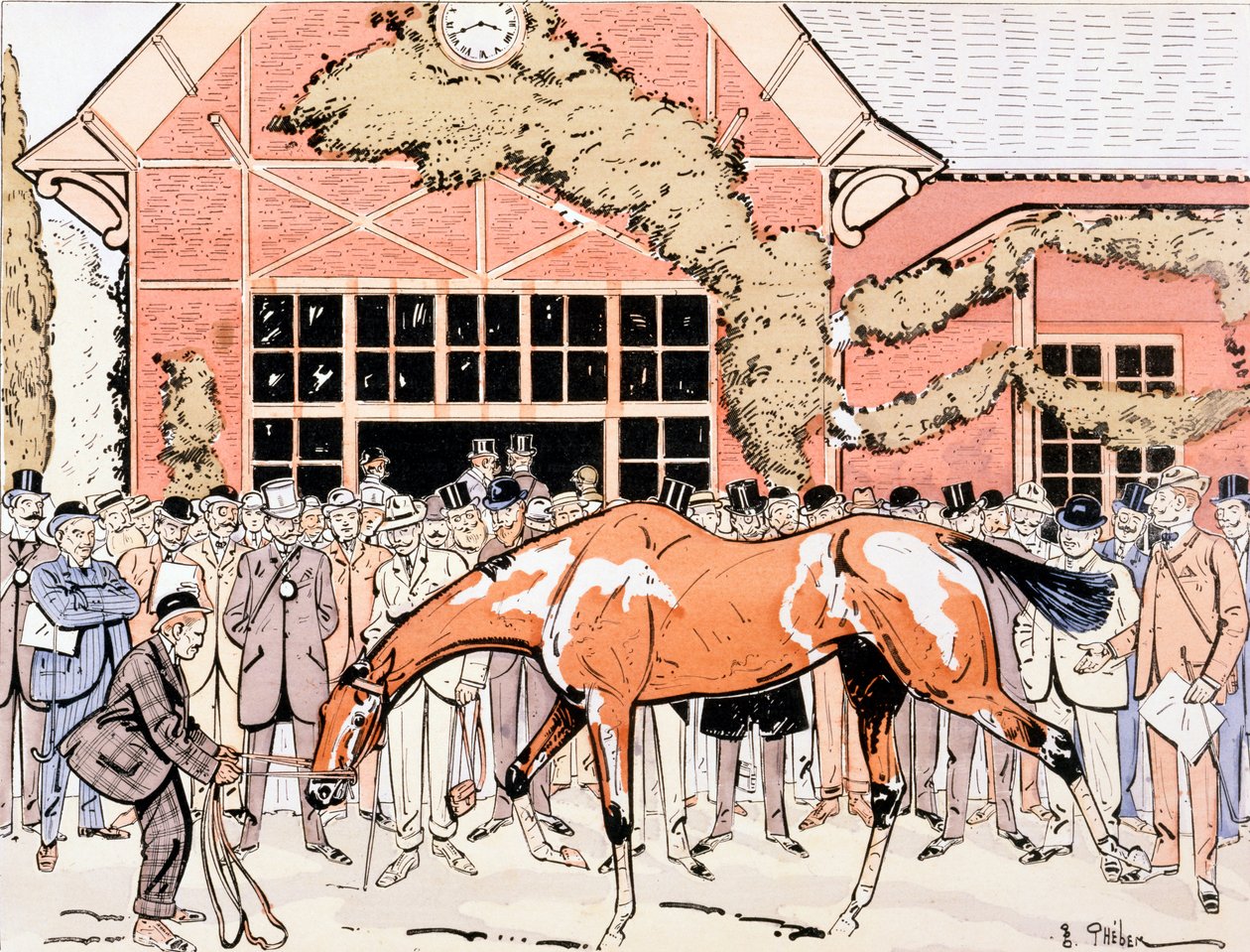 Katselemassa kilpahevosta aitauksessa, n. 1905 tekijältä E. Thelem