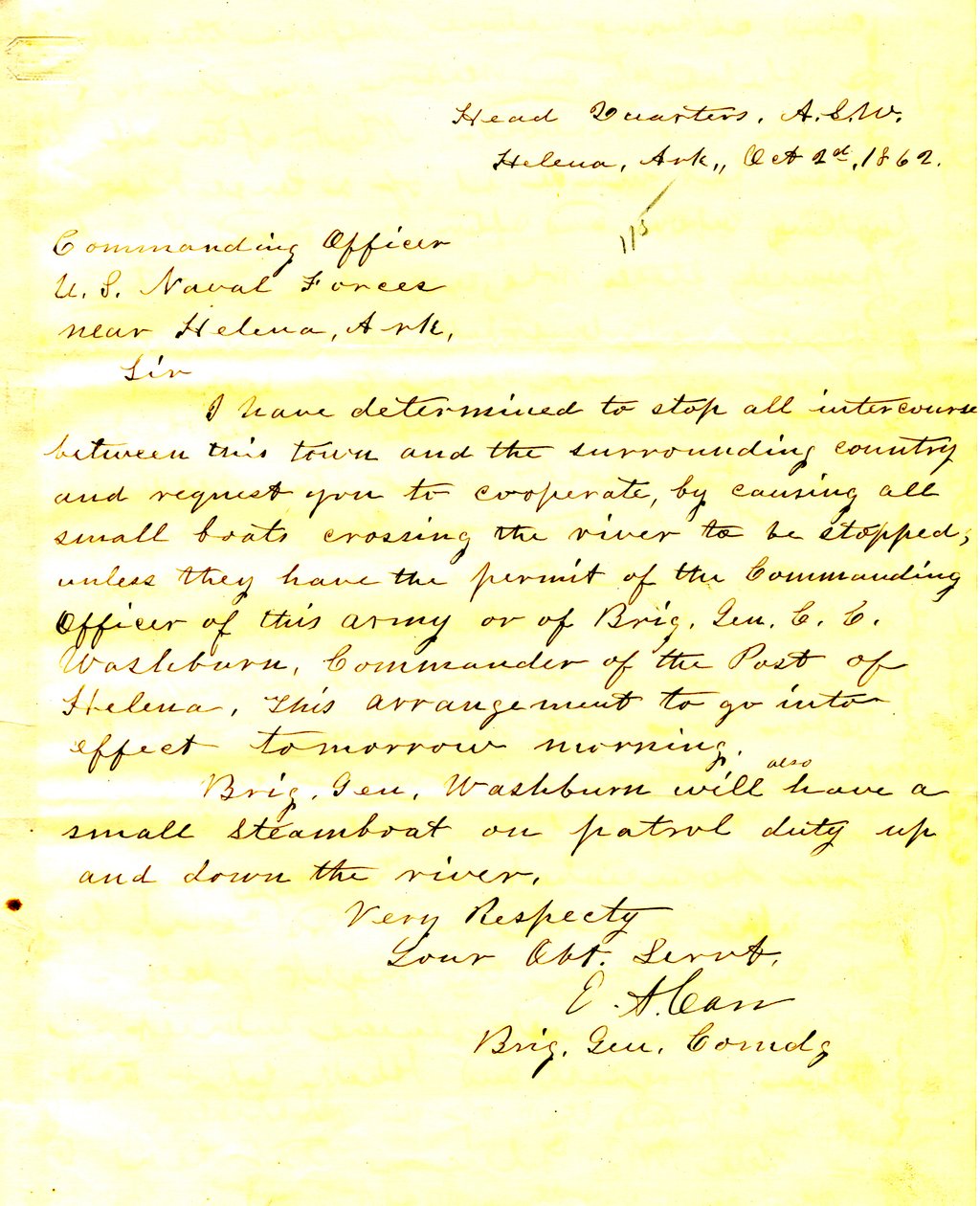 Kirje E.A.Carr, Helena, Arkansas, Yhdysvaltain merivoimien komentajalle Helenan lähellä Arkansasissa 2. lokakuuta 1862 tekijältä E.A. Carr