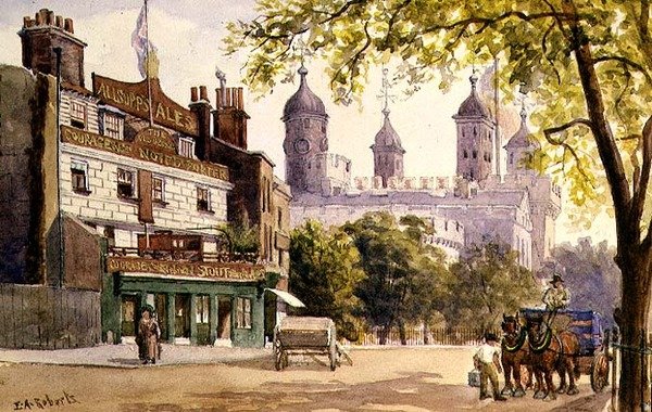 Vanha George ja Lontoon Tower (akvarelli) tekijältä E.A. Roberts