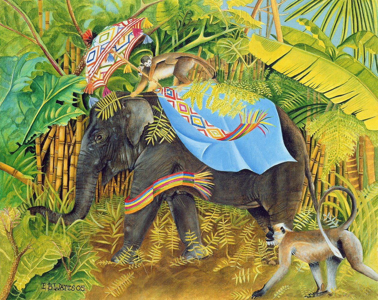 Elefantti apinoilla ja päivänvarjo, 2005 (akryyli kankaalle) tekijältä E.B. Watts