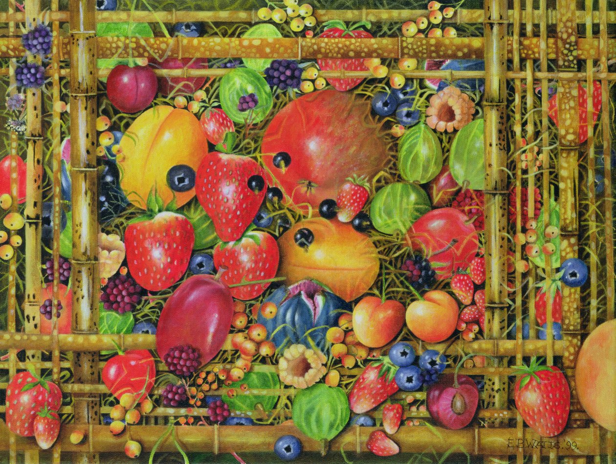 Fruit in Bamboo Box, 1999 (akryyli kankaalle) tekijältä E.B. Watts