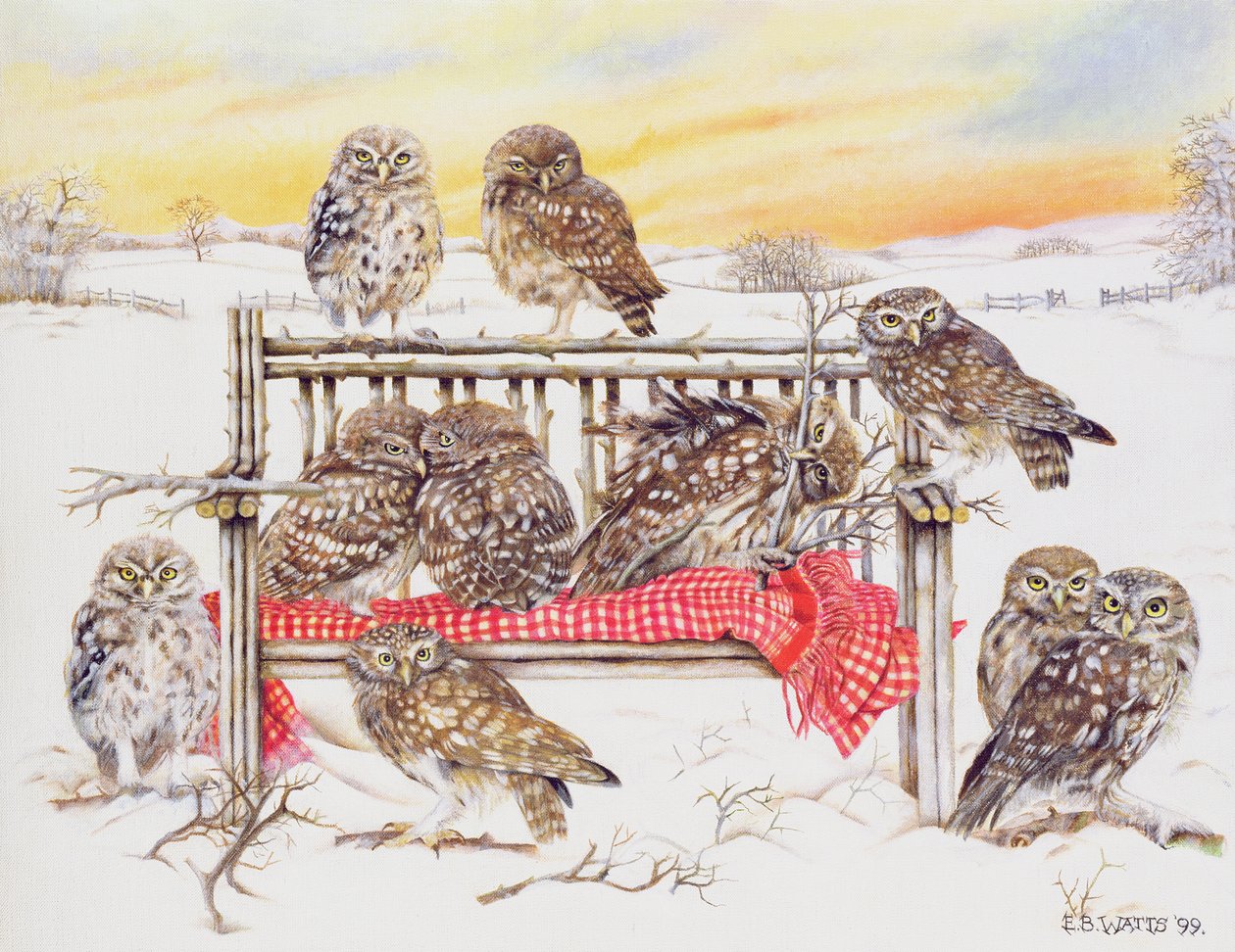 Little Owls on Twig Bench, 1999 (akryyli kankaalle) tekijältä E.B. Watts