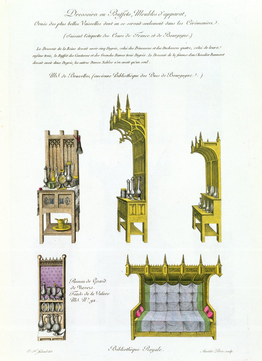 1500-luvun ranskalaiset ja burgundilaiset huonekalut, Monuments Francaisista, Amedee Pereen litografia, 1839 tekijältä E.F. Imbard