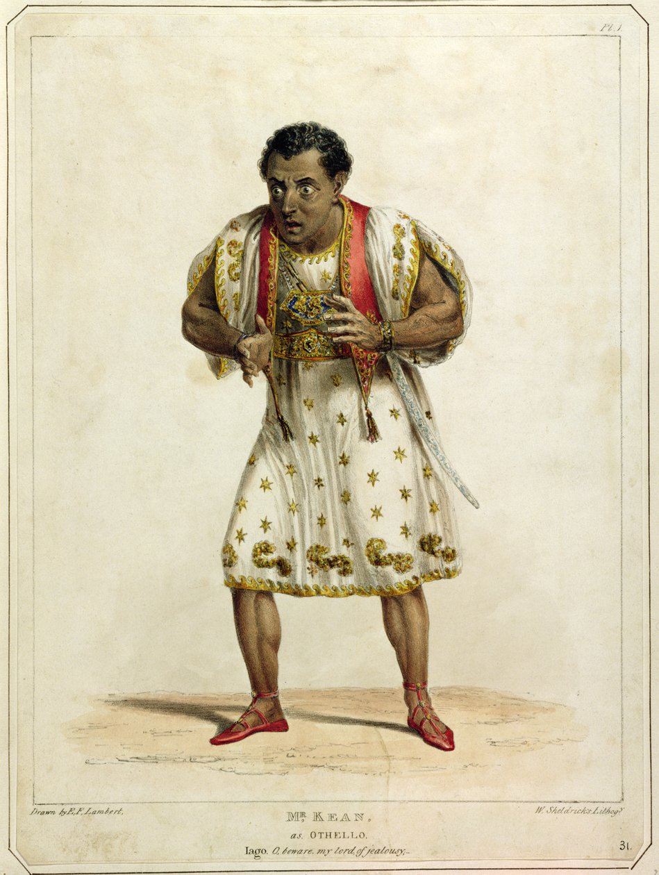 Muotokuva herra Edmund Keanista (1787-1833) Othellona, kaiverrus W. Sheldricks (värillinen litho) tekijältä E.F. Lambert
