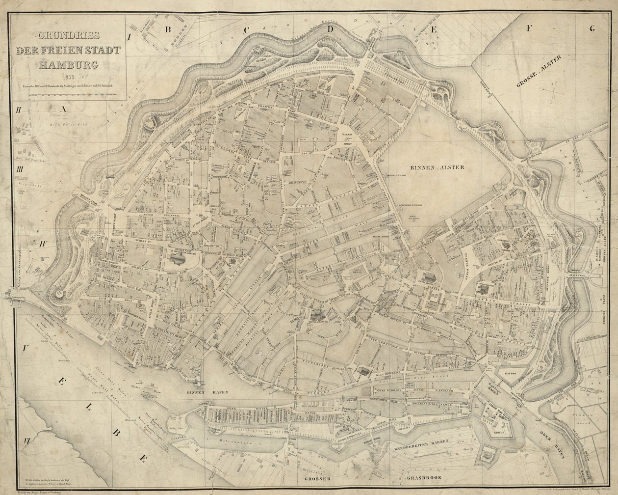 Kartet er gitt ut i (1839) ja viser Hamburg tekijältä E.F. m.fl. Bernhardt