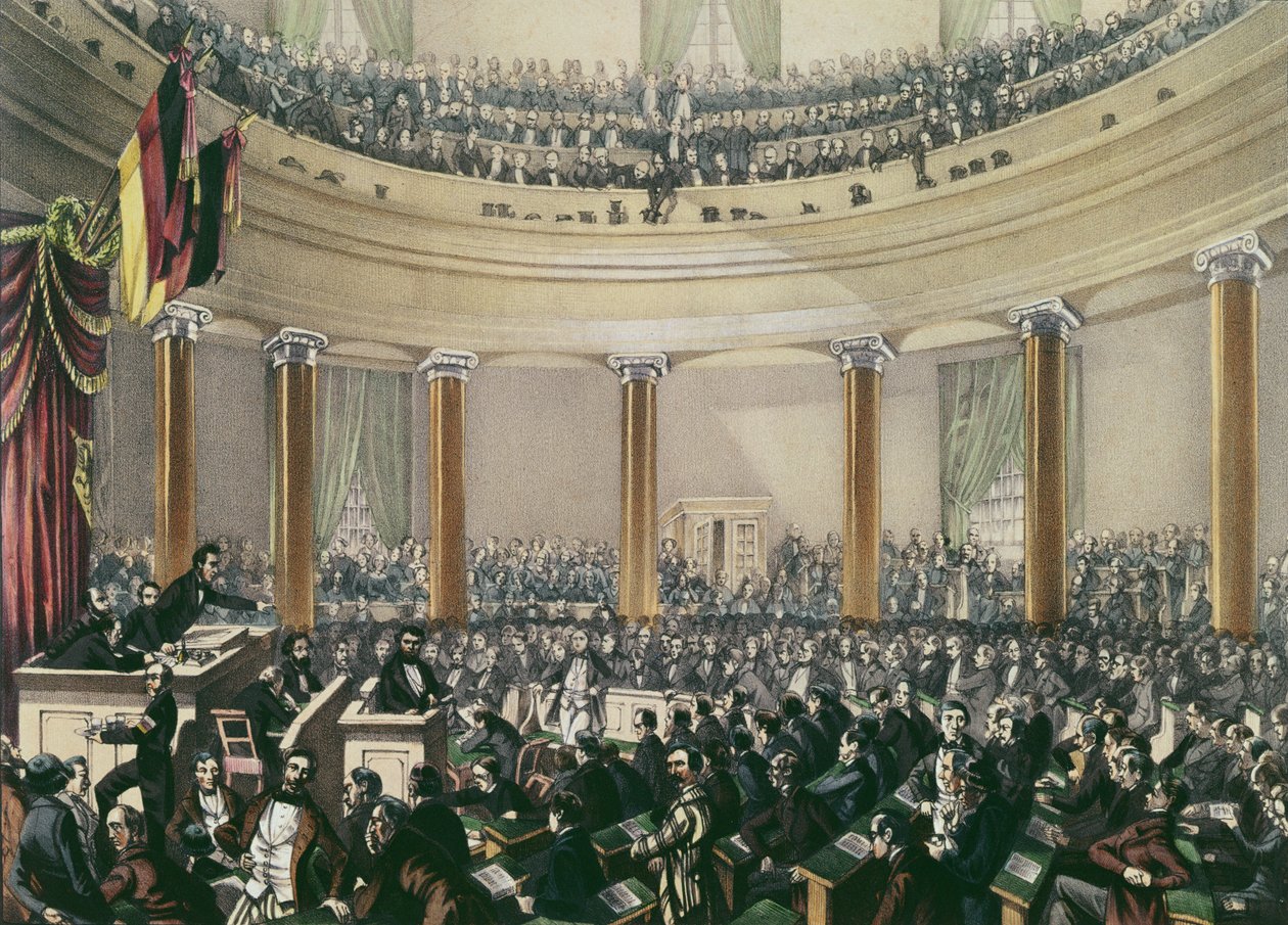 Kansalliskokous St Paulin kirkossa Frankfurtissa, koolle toukokuussa 1848 (värilitografia) tekijältä E.G. May