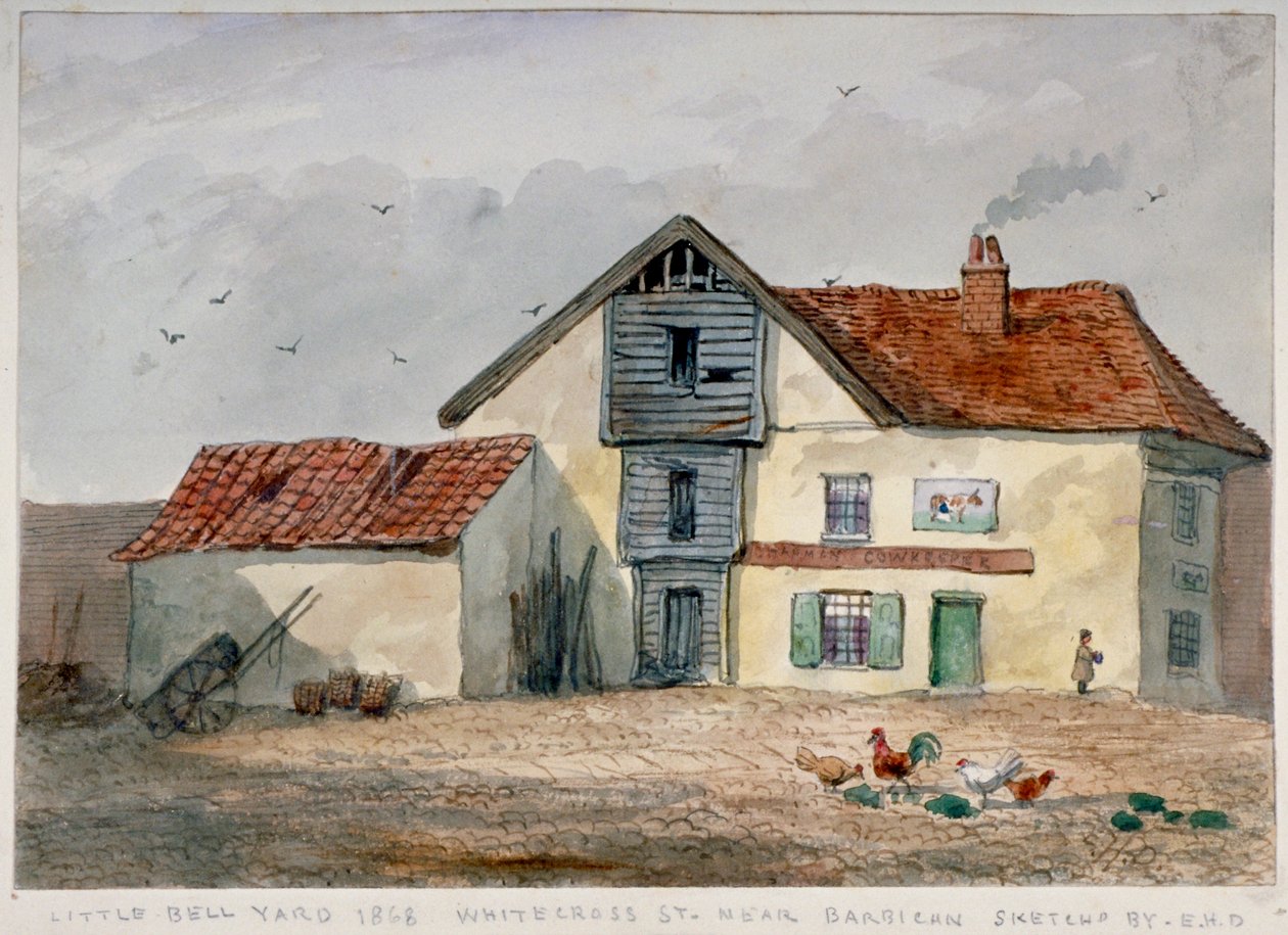 Näkymä Little Bell Yardille, Whitecross Street, kanat etualalla, Lontoo, 1868 tekijältä EH Davies